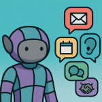 Starguide on the left with its signature segmented head and body, and a series of speech bubbles on the right displaying icons for an email, calendar, ear (listening), dialogue, and handshake—representing the key scenarios and templates covered in the article.